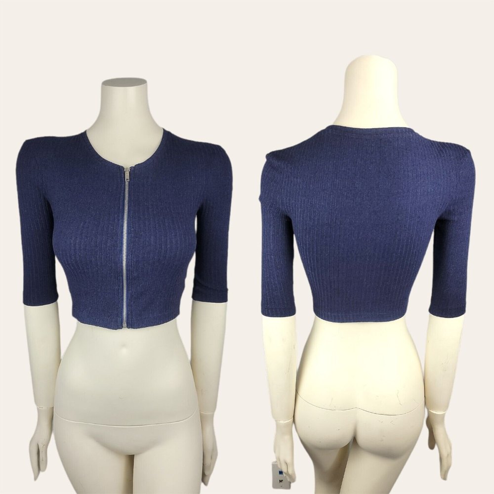 ASOS Zip-Front Crop Top Ribbed Short Sleeve Zip-Up Shirt Blouse Navy Blue US2